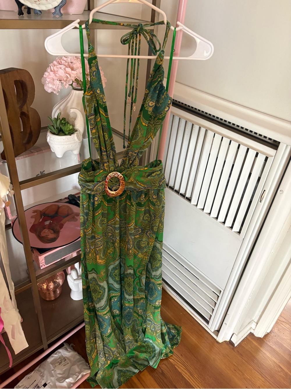 Green Paisley Halter Maxi Dress with Decorative Buckle